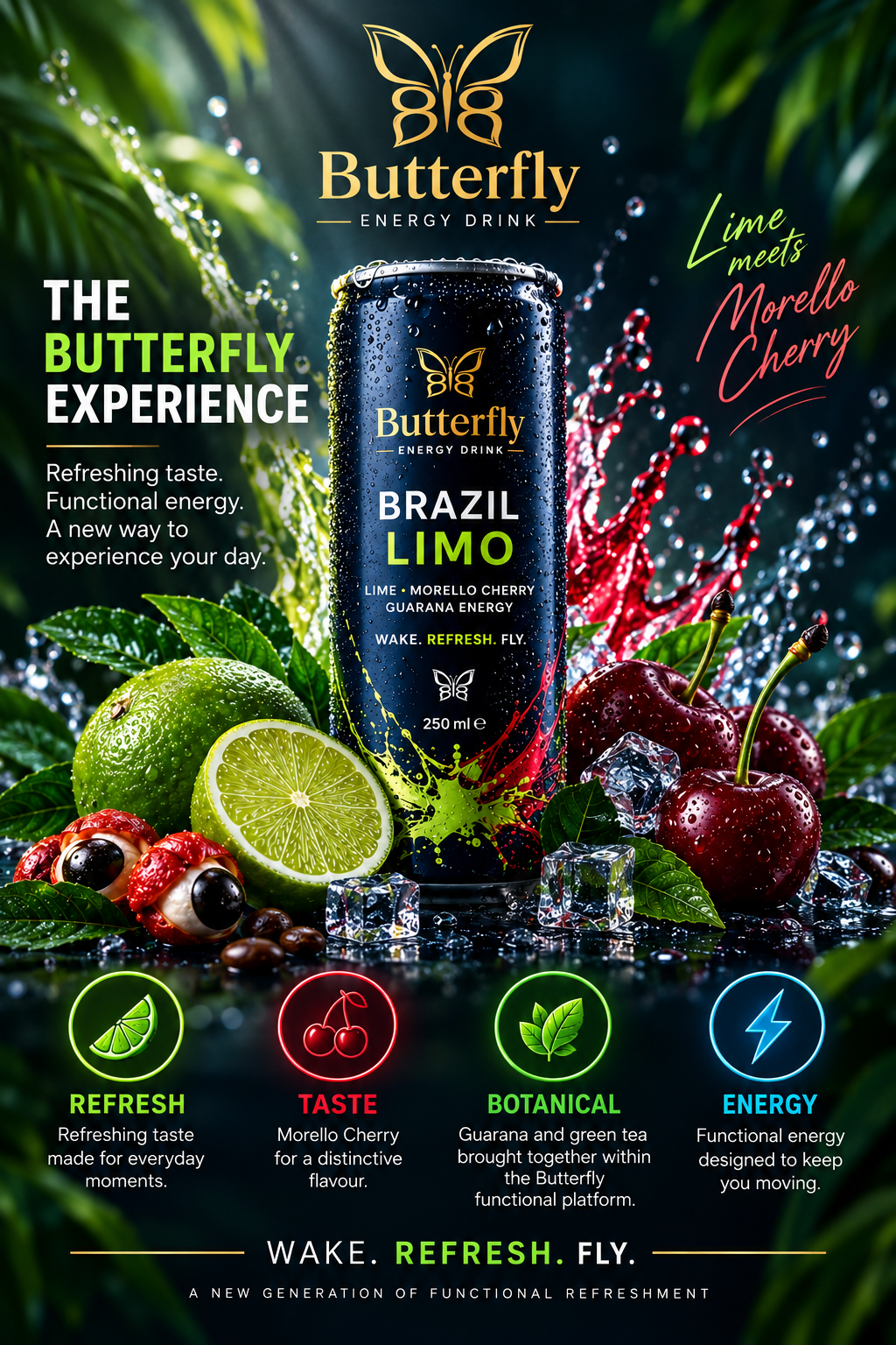 Butterfly Brazil Limo can with lime and Morello cherry in a premium tropical setting