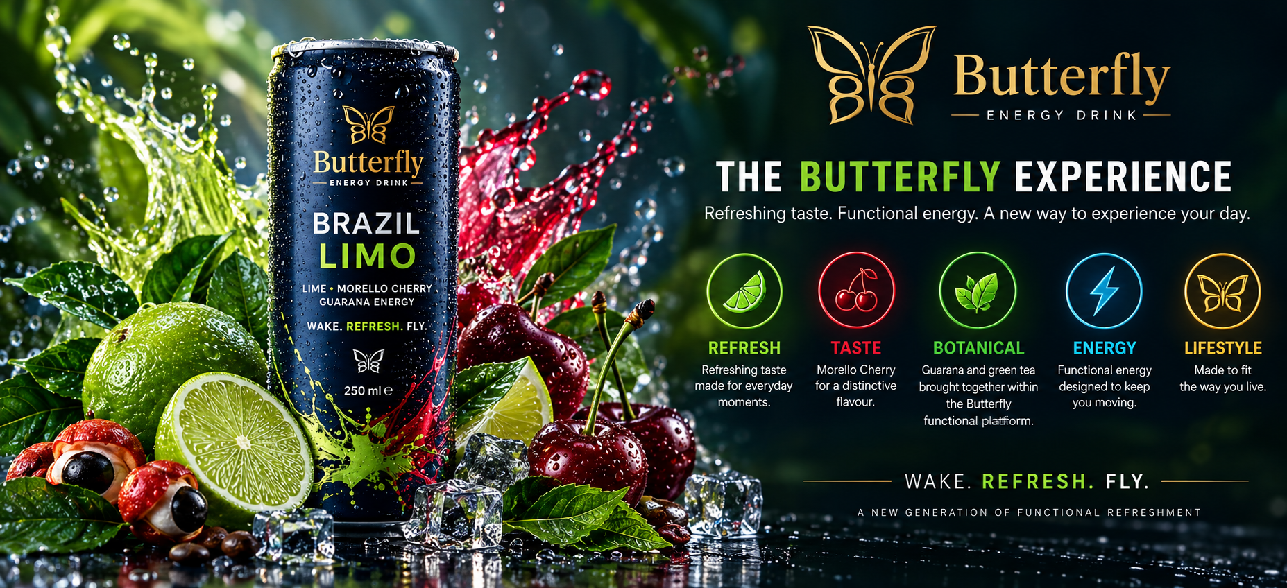 Butterfly Brazil Limo refresher energy drink with lime, Morello cherry, guarana and green tea