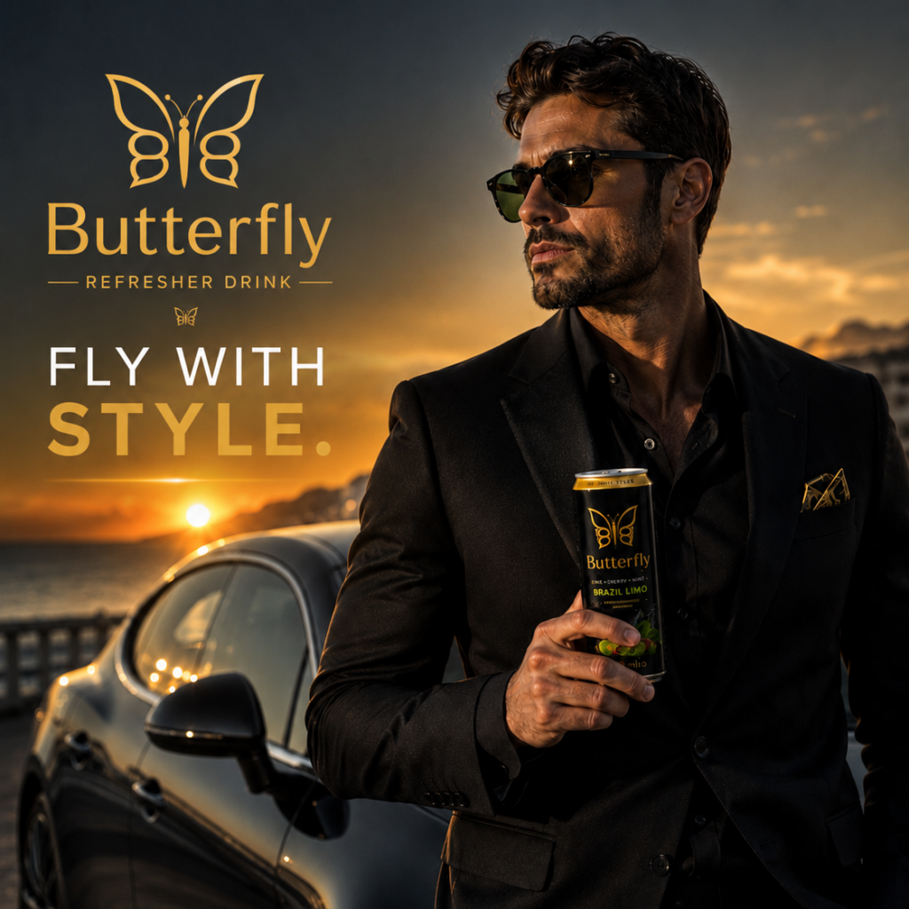 Butterfly Brazil Limo refresher drink lifestyle image with a man holding the can beside a luxury car